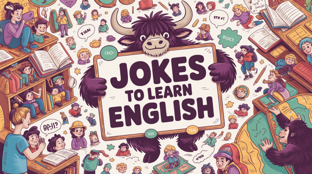 humorous illustrated scene with the Yak Yacker mascot holding a “100+ English Jokes” sign, surrounded by laughing characters and playful comedy props.