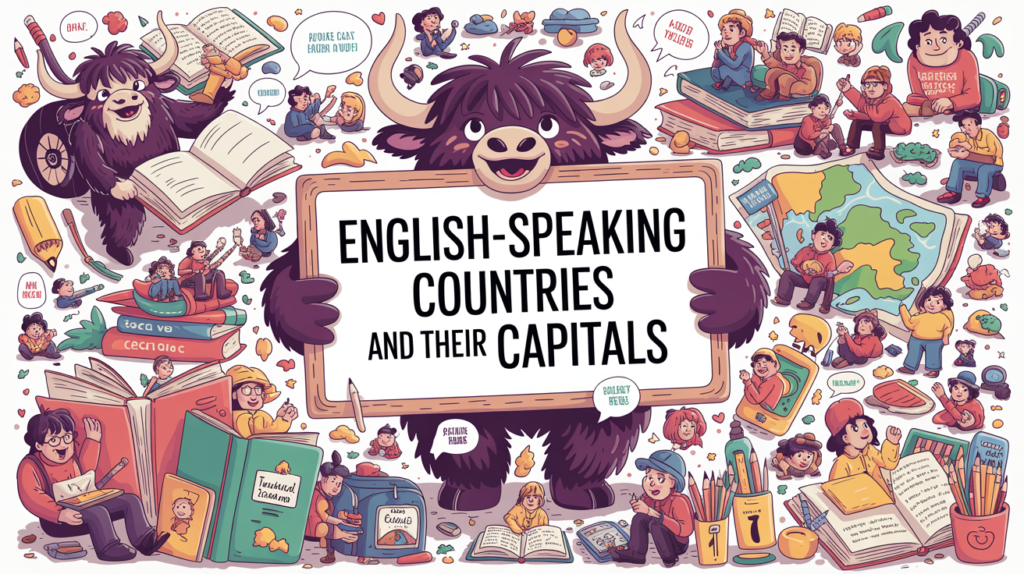 illustrated world-map scene with the Yak Yacker mascot holding an “English-Speaking Countries and Capitals” sign, surrounded by tiny globes, flags, and landmarks.