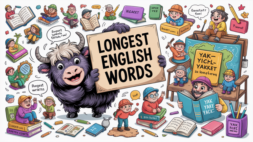 illustrated scene with the Yak Yacker mascot holding a “Longest English Words” sign, surrounded by giant oversized word shapes and tiny readers.
