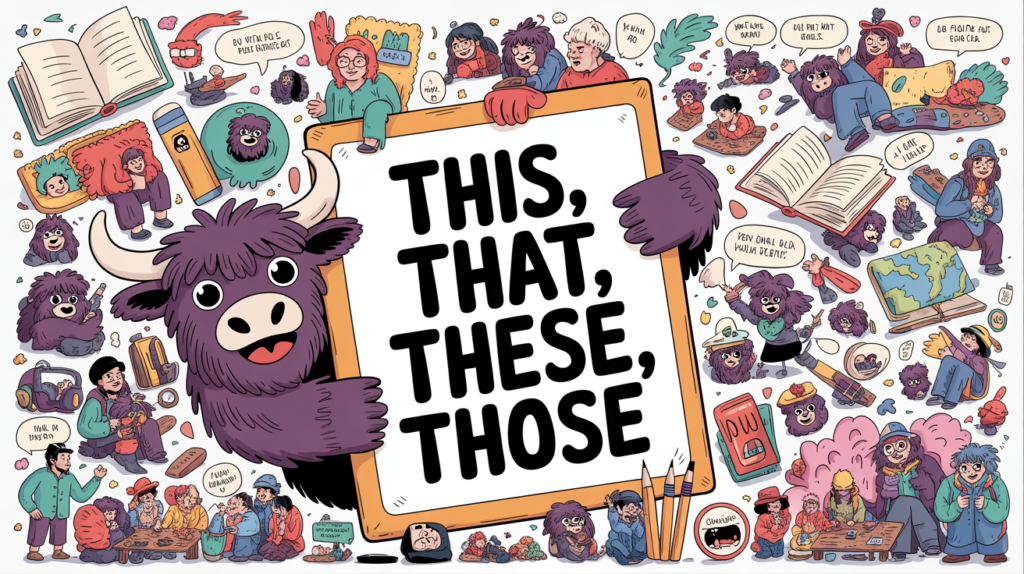 illustrated scene with the Yak Yacker mascot holding a “This That These Those” sign, surrounded by characters pointing to nearby and far objects.
