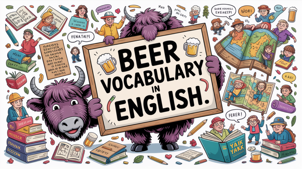 illustrated pub scene with the Yak Yacker mascot holding a “Beer Vocabulary in English” sign, surrounded by tiny glasses, taps, and fun characters.