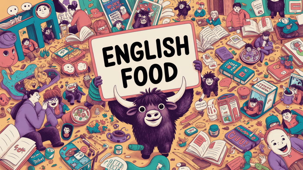 colorful illustrated scene with the Yak Yacker mascot holding an “English Food and Dishes” sign, surrounded by plates of international foods and tiny cooks.