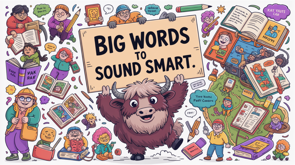 whimsical illustrated scene with the Yak Yacker mascot holding a “Big Words to Sound Smart” sign, with tiny professors and dictionaries around.