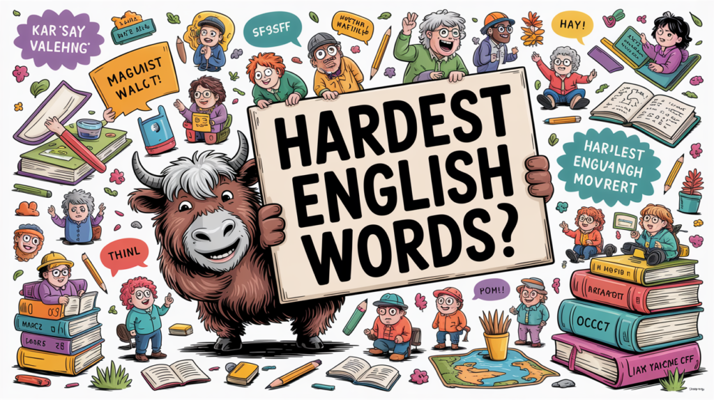 playful chaotic scene with the Yak Yacker mascot holding a “Hardest English Words” sign, with characters stumbling over long, tricky words.