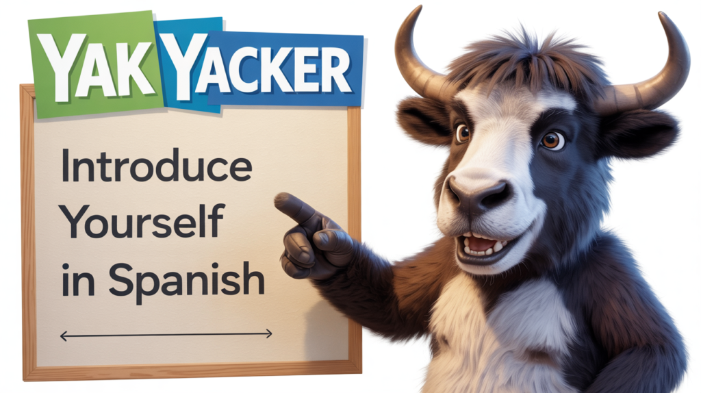yak holding “Introduce Yourself in Spanish” with greeting icons.