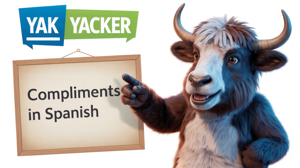 yak holding “Compliments in Spanish” with heart icons.