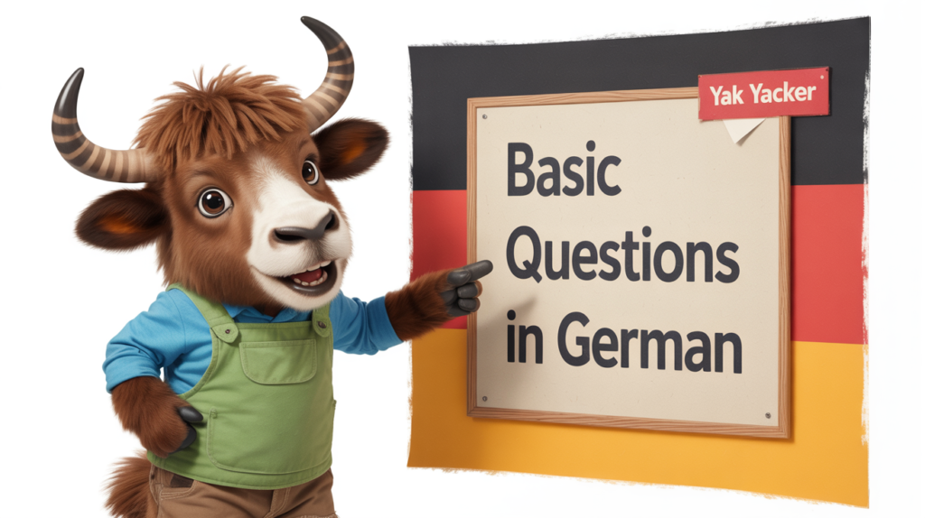 yak holding “Basic Questions in German” with question marks.