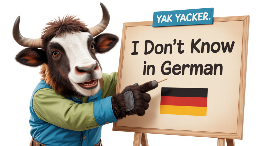 yak holding “I Don’t Know in German” with confused icons.