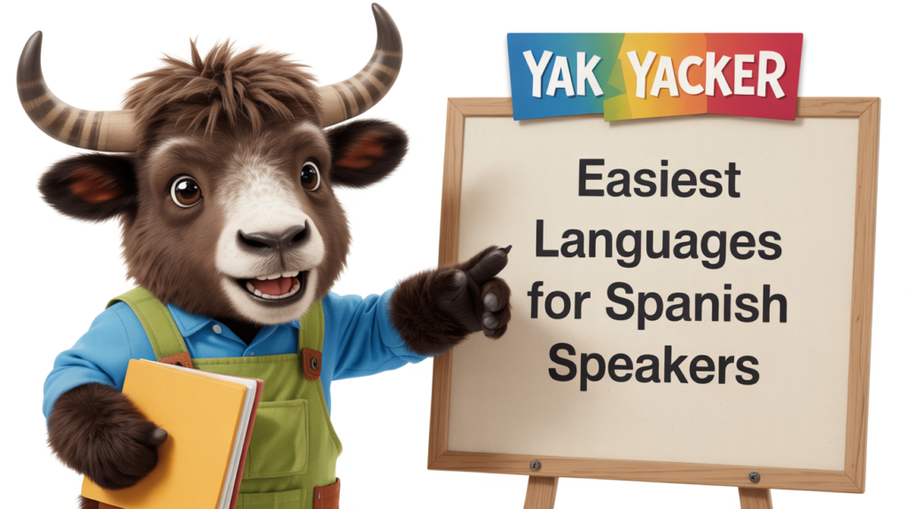 yak holding “Easiest Languages for Spanish Speakers” with globe icons