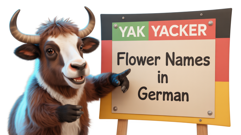 yak holding “Flower Names in German” floral icons.