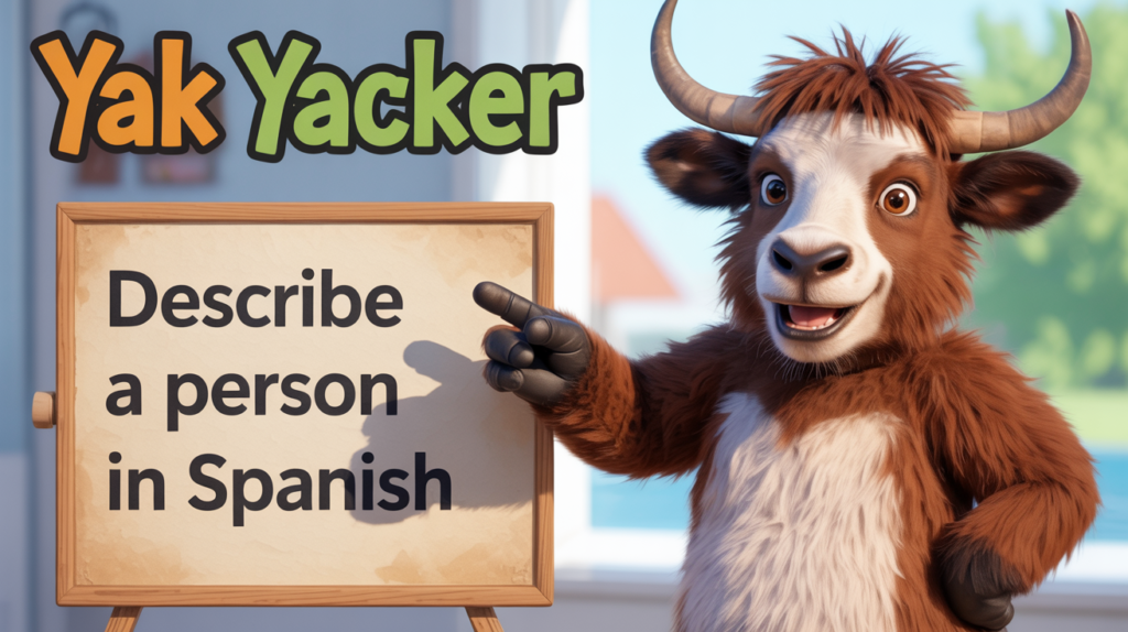 yak showing “Describe a Person in Spanish” with character icons.