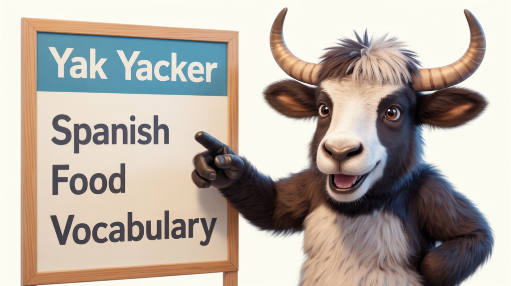 yak holding “Spanish Food Vocabulary” with food dish icons