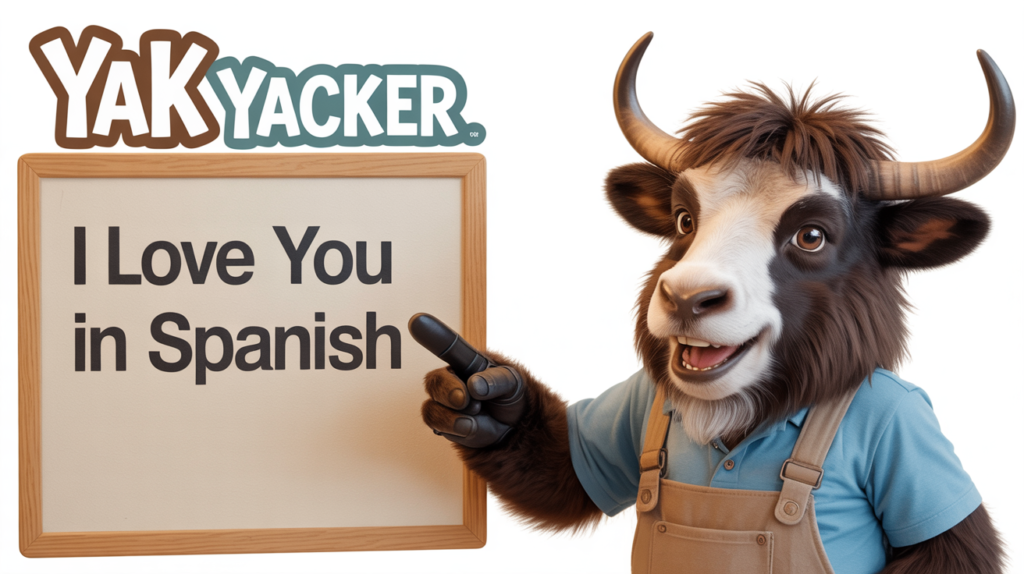 yak holding “I Love You in Spanish” with heart icons