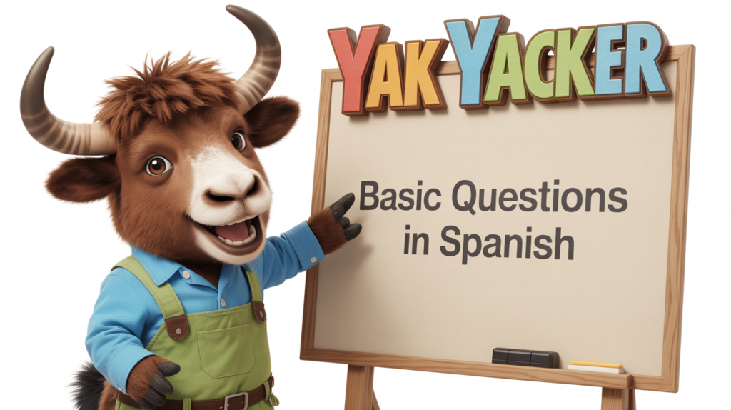 yak with “Basic Questions in Spanish” and question mark icons