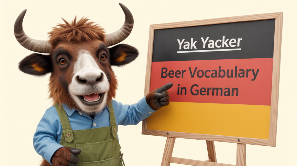 yak holding “Beer Vocabulary in German” beer icons.
