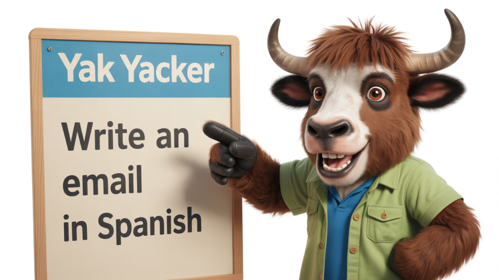yak holding “Write an Email in Spanish” with envelope icons