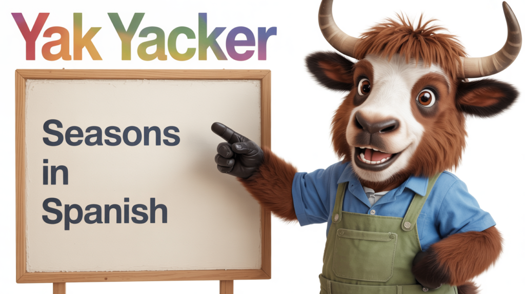 yak holding “Seasons in Spanish” with four-season visuals