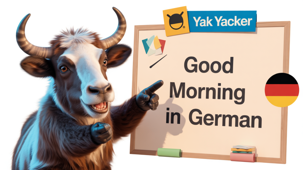 yak holding “Good Morning in German” with sunrise icons