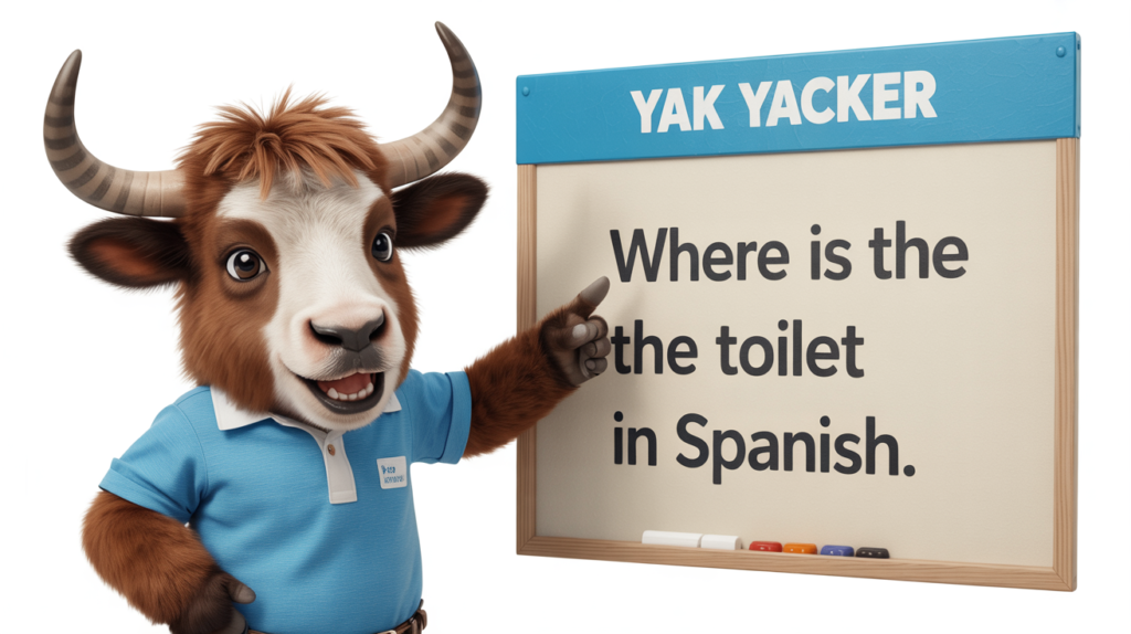 yak with “Where Is the Toilet in Spanish” and restroom icons