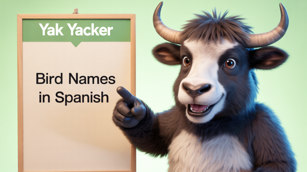 yak holding “Bird Names in Spanish” with small bird illustrations.