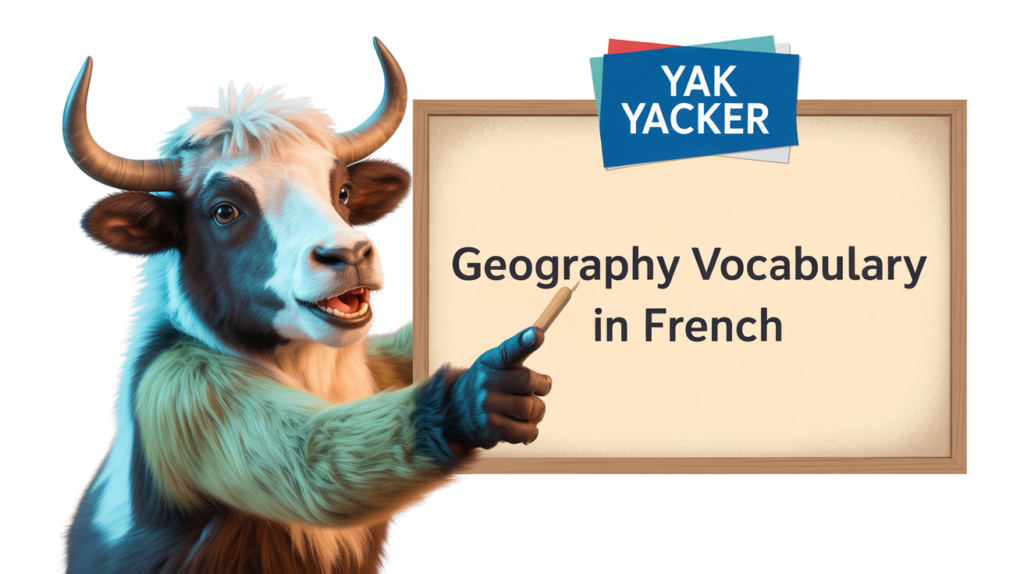yak holding “French Geography Vocabulary” with landform icons.