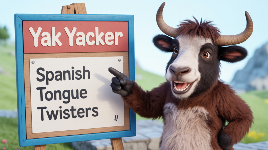 yak with “Spanish Tongue Twisters” and twisted speech bubbles.