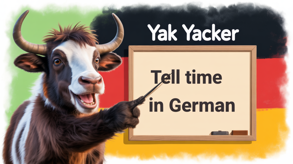 yak holding “Tell Time in German” clock icons.