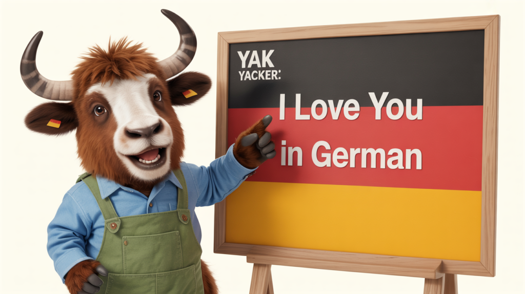 yak holding “I Love You in German” heart icons