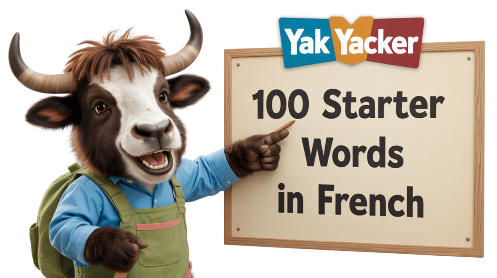 yak holding “100 French Starter Words” with vocab icons.