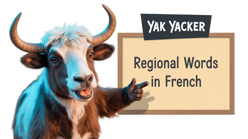 yak holding “Regional Words in French” with globe icons