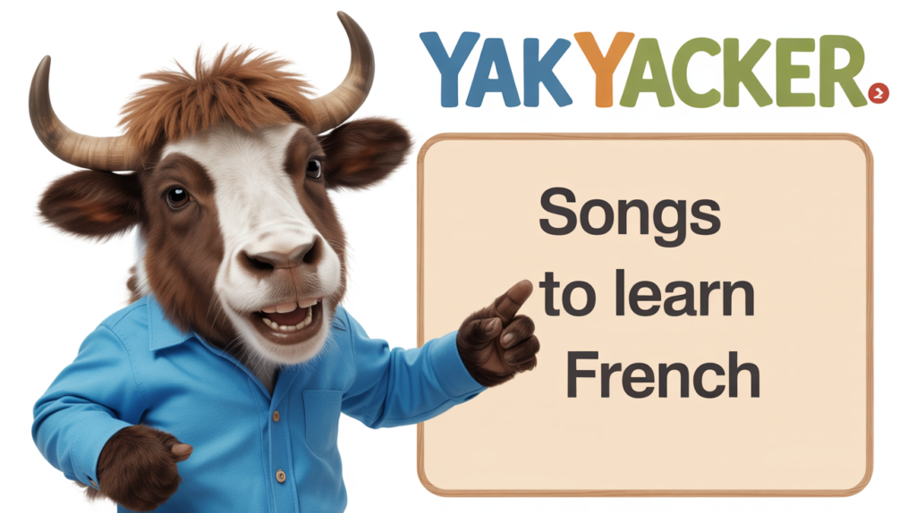 yak with “Songs to Learn French” and music icons.