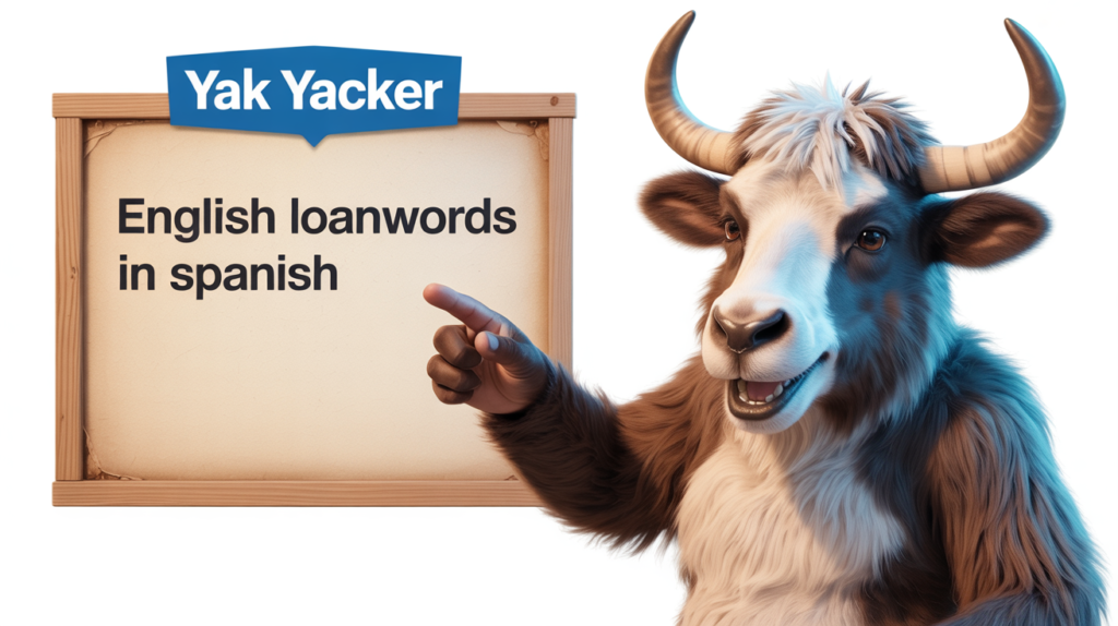 yak holding “English Loanwords in Spanish” with alphabet icons.
