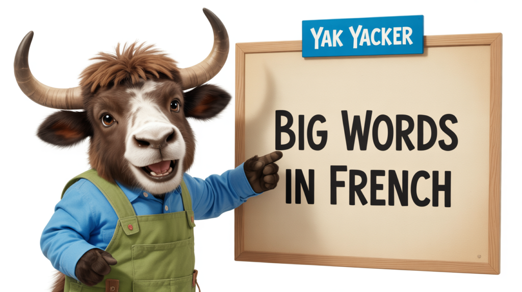 yak illustration with “Big Words in French” and academic icons