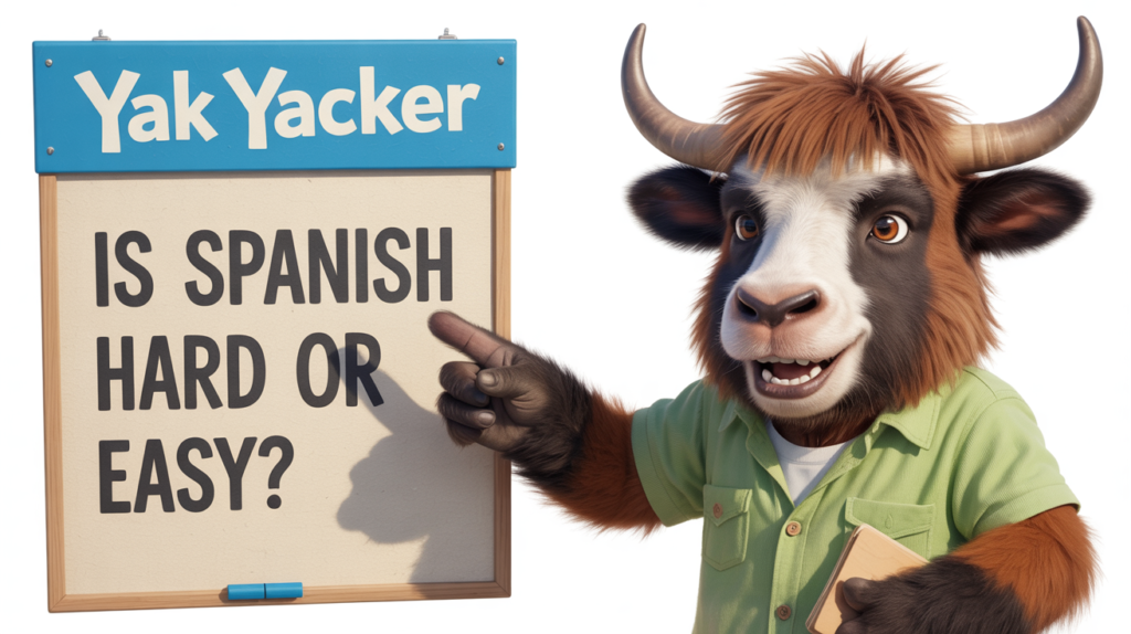 yak holding “Is Spanish Hard or Easy?” with comparison icons