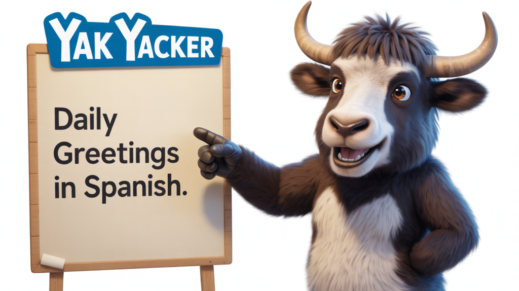 yak illustration with “Daily Greetings in Spanish” and wave icons.