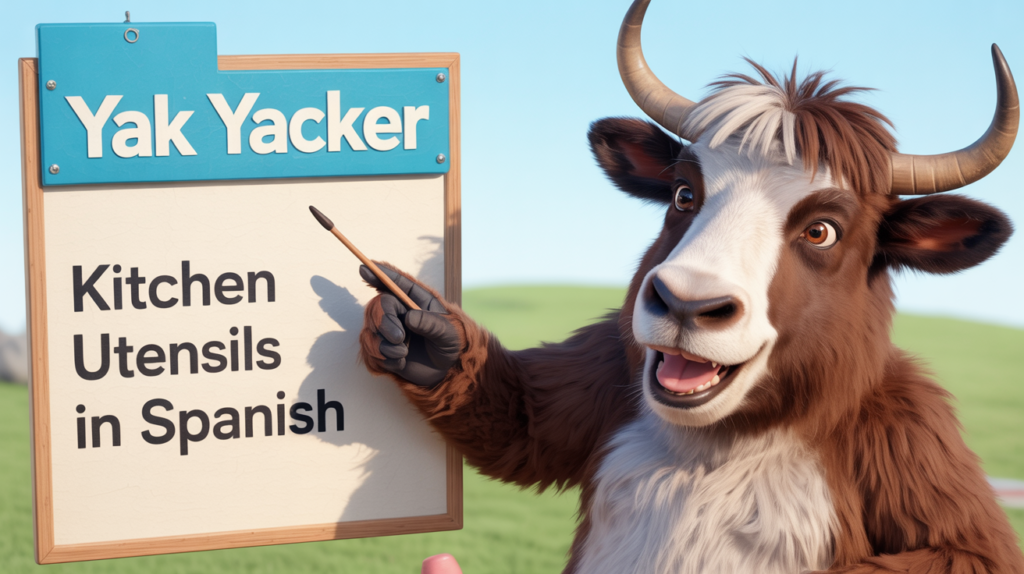 yak with “Kitchen Utensils in Spanish” and cookware icons