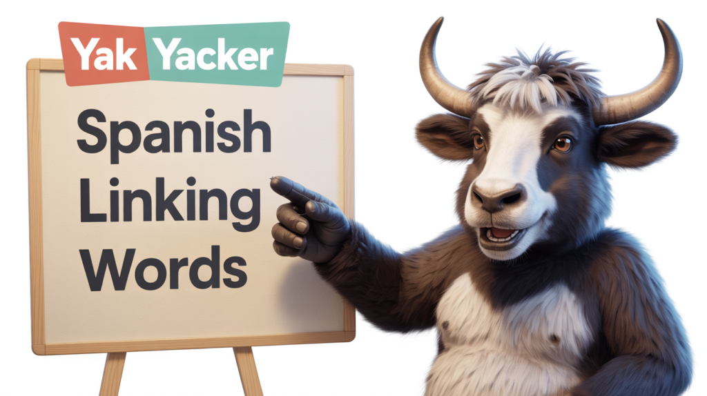 yak holding “Spanish Linking Words” with connector arrows.