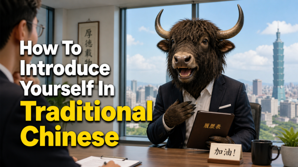 a personified yak is having an interview and there is a sign that says how to introduce yourself in traditional chinese