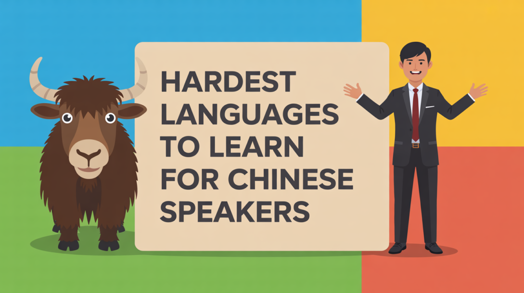 yak holding “Hardest Languages for Chinese Speakers” with confused expression icons