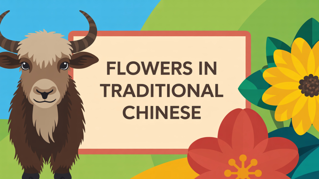 yak illustration with “Flowers in Chinese 花 Huā” and simple flower icons