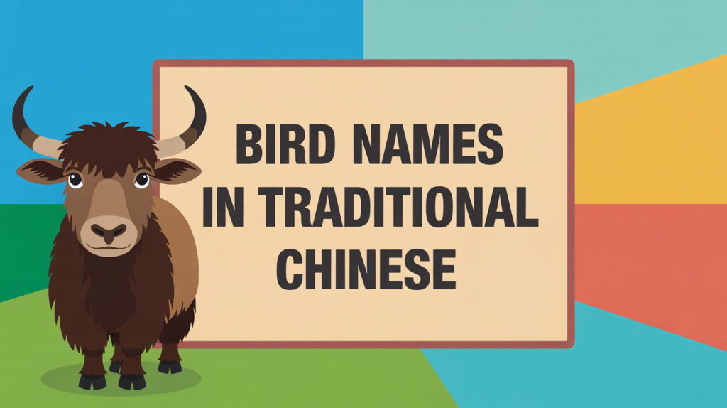 yak holding “Bird Names in Chinese 鳥的名字” with small illustrated birds.