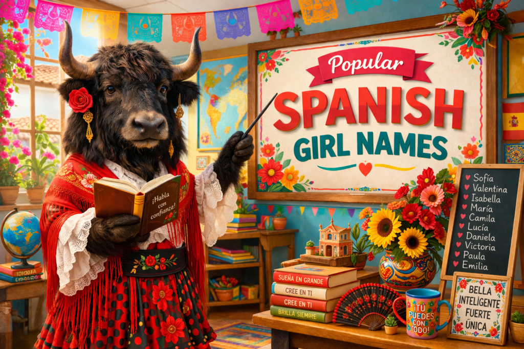 A personified yak Spanish teacher that explains popular Spanish girl names and meanings.