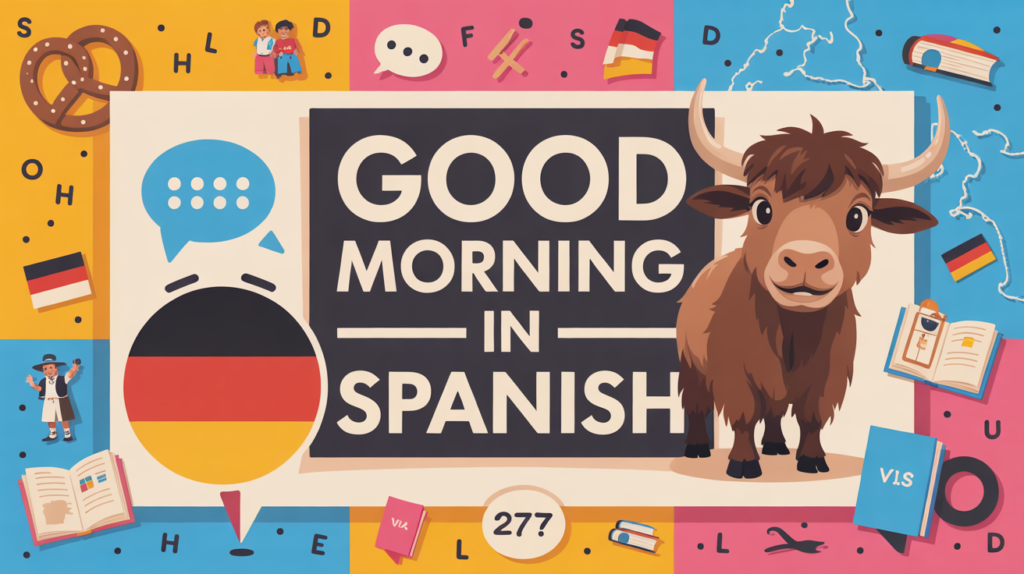 yak with “Good Morning in Spanish” and sunrise icons.