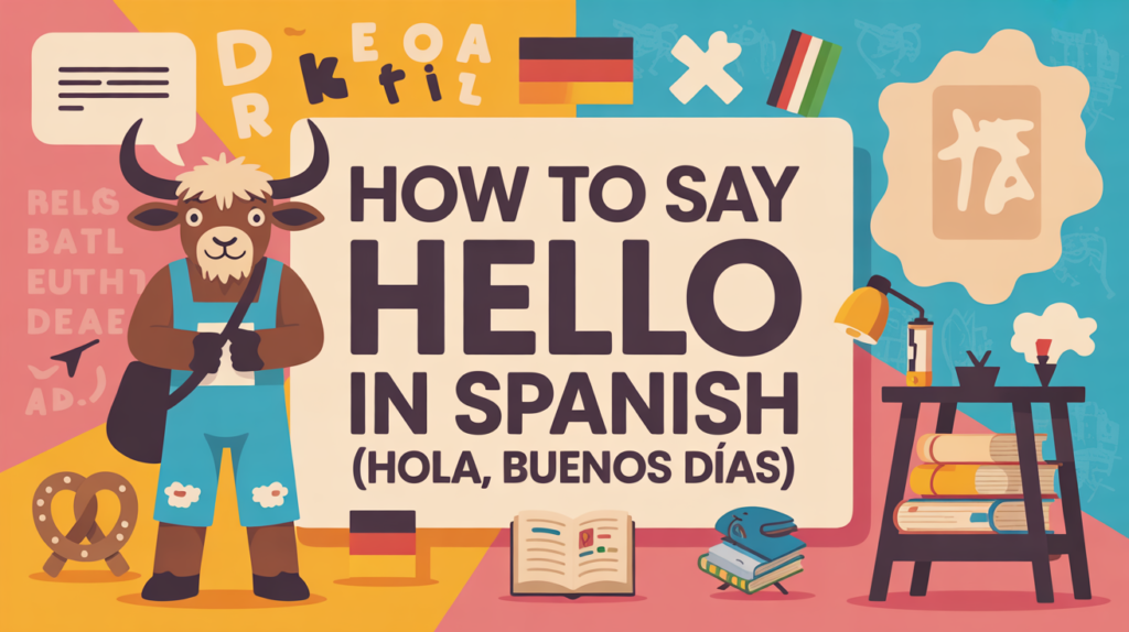 yak illustration with “Hello in Spanish” text and greeting icons