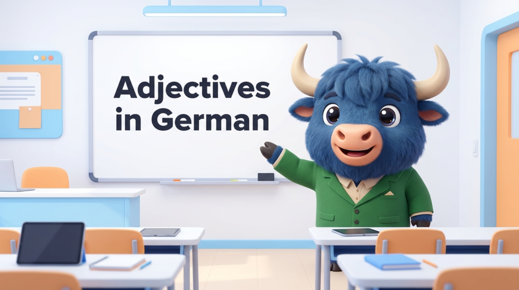 a yak teacher points to a whiteboard that says Adjectives in German