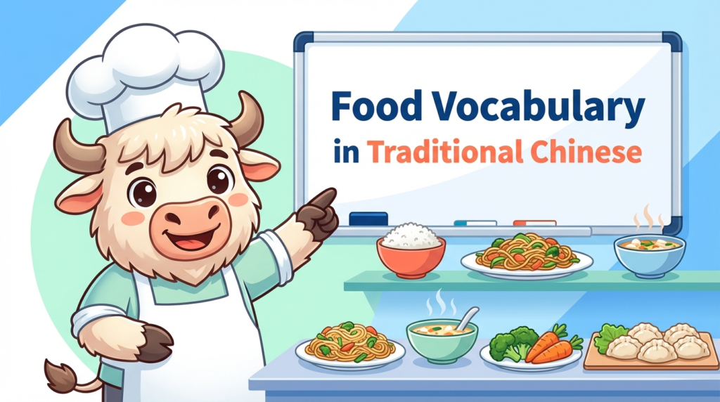 A yak teaches Traditional Chinese, pointing to a whiteboard that says Traditional Chinese Food Vocabulary