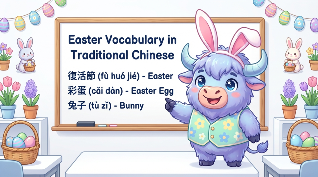 An English-speaking yak teaches Traditional Chinese, pointing to a whiteboard that says Easter Vocabulary in Traditional Chinese
