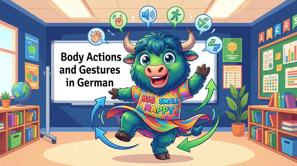 A yak teacher pointing to a whiteboard that says Body Actions and Gestures in German