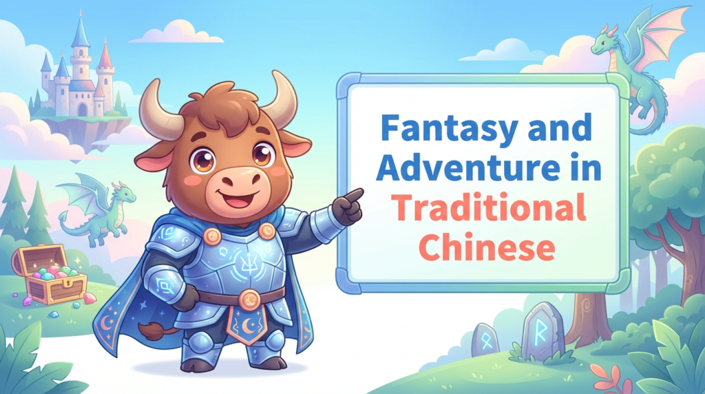 A yak teaches Traditional Chinese, pointing to a whiteboard that says 奇幻與冒險詞彙