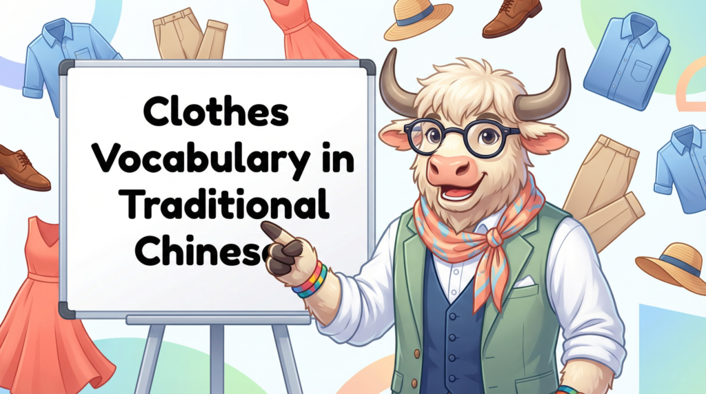 An English-speaking yak teaches Traditional Chinese, pointing to a whiteboard that says Clothes Vocabulary in Traditional Chinese